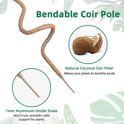 Bendable Moss Pole for Plants 47 Inch, Monstera Plant Support Stake with 7mm Aluminum Core, Coconut Coir Climbing Pole for Monstera Pothos Philodendron, Complete Kit with Ties & Rope