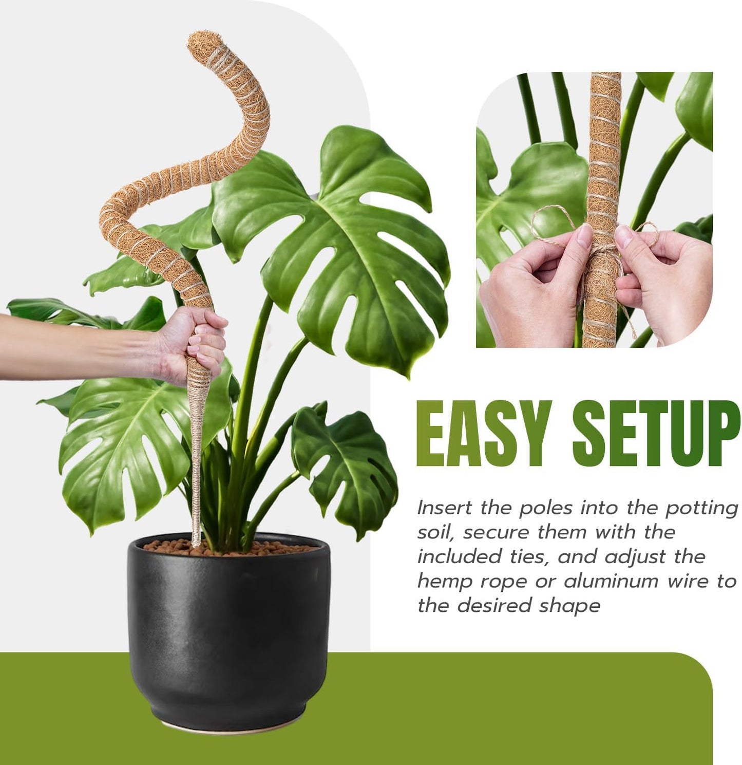 Bendable Moss Pole for Plants 47 Inch, Monstera Plant Support Stake with 7mm Aluminum Core, Coconut Coir Climbing Pole for Monstera Pothos Philodendron, Complete Kit with Ties & Rope