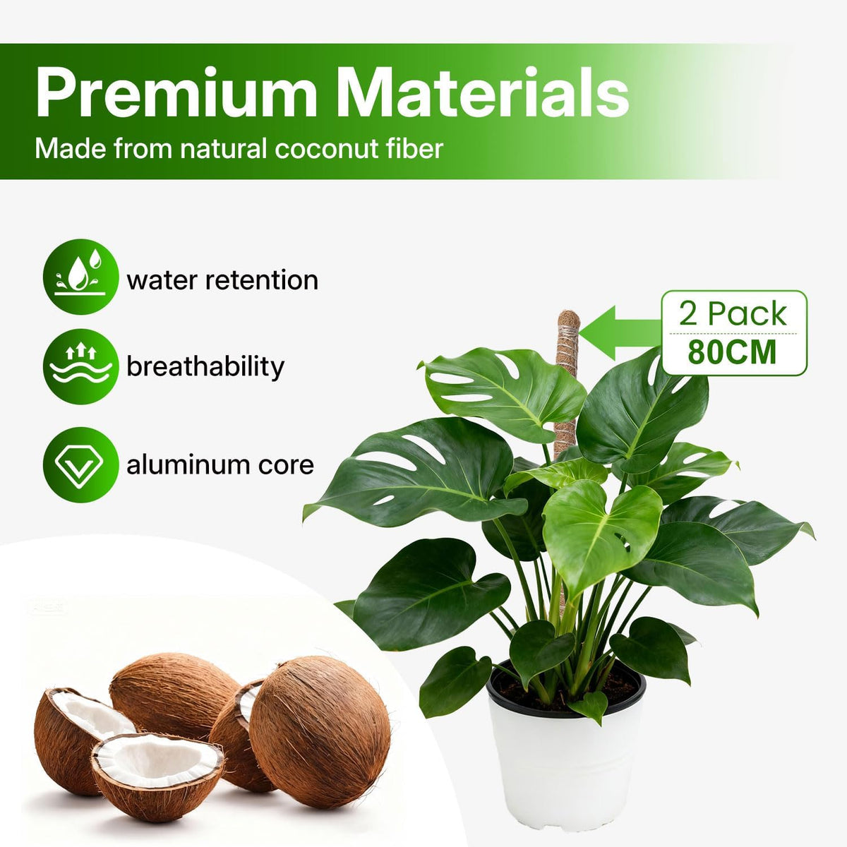 Bendable Moss Pole for Plants 47 Inch, Monstera Plant Support Stake with 7mm Aluminum Core, Coconut Coir Climbing Pole for Monstera Pothos Philodendron, Complete Kit with Ties & Rope
