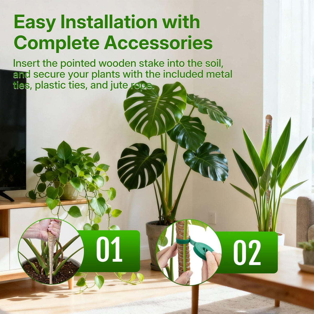 Bendable Moss Pole for Plants 47 Inch, Monstera Plant Support Stake with 7mm Aluminum Core, Coconut Coir Climbing Pole for Monstera Pothos Philodendron, Complete Kit with Ties & Rope