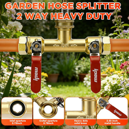 Garden Hose Splitter 2026 Upgrade Full Flow Garden Hose Splitter Heavy Duty Outdoor Faucet Splitter Brass Rust and Freeze Resistant Hose Adapter,with Shutoff Valves,3/4" GHT Thread