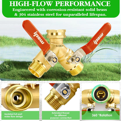 Garden Hose Splitter 2026 Upgrade Full Flow Garden Hose Splitter Heavy Duty Outdoor Faucet Splitter Brass Rust and Freeze Resistant Hose Adapter,with Shutoff Valves,3/4" GHT Thread