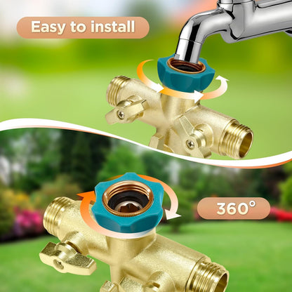 Garden Hose Splitter 2026 Upgrade Full Flow Garden Hose Splitter Heavy Duty Outdoor Faucet Splitter Brass Rust and Freeze Resistant Hose Adapter,with Shutoff Valves,3/4" GHT Thread