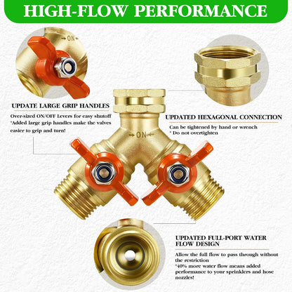 Garden Hose Splitter 2026 Upgrade Full Flow Garden Hose Splitter Heavy Duty Outdoor Faucet Splitter Brass Rust and Freeze Resistant Hose Adapter,with Shutoff Valves,3/4" GHT Thread