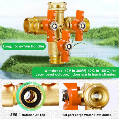 Garden Hose Splitter 2026 Upgrade Full Flow Garden Hose Splitter Heavy Duty Outdoor Faucet Splitter Brass Rust and Freeze Resistant Hose Adapter,with Shutoff Valves,3/4" GHT Thread