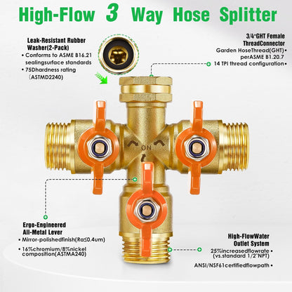 Garden Hose Splitter 2026 Upgrade Full Flow Garden Hose Splitter Heavy Duty Outdoor Faucet Splitter Brass Rust and Freeze Resistant Hose Adapter,with Shutoff Valves,3/4" GHT Thread