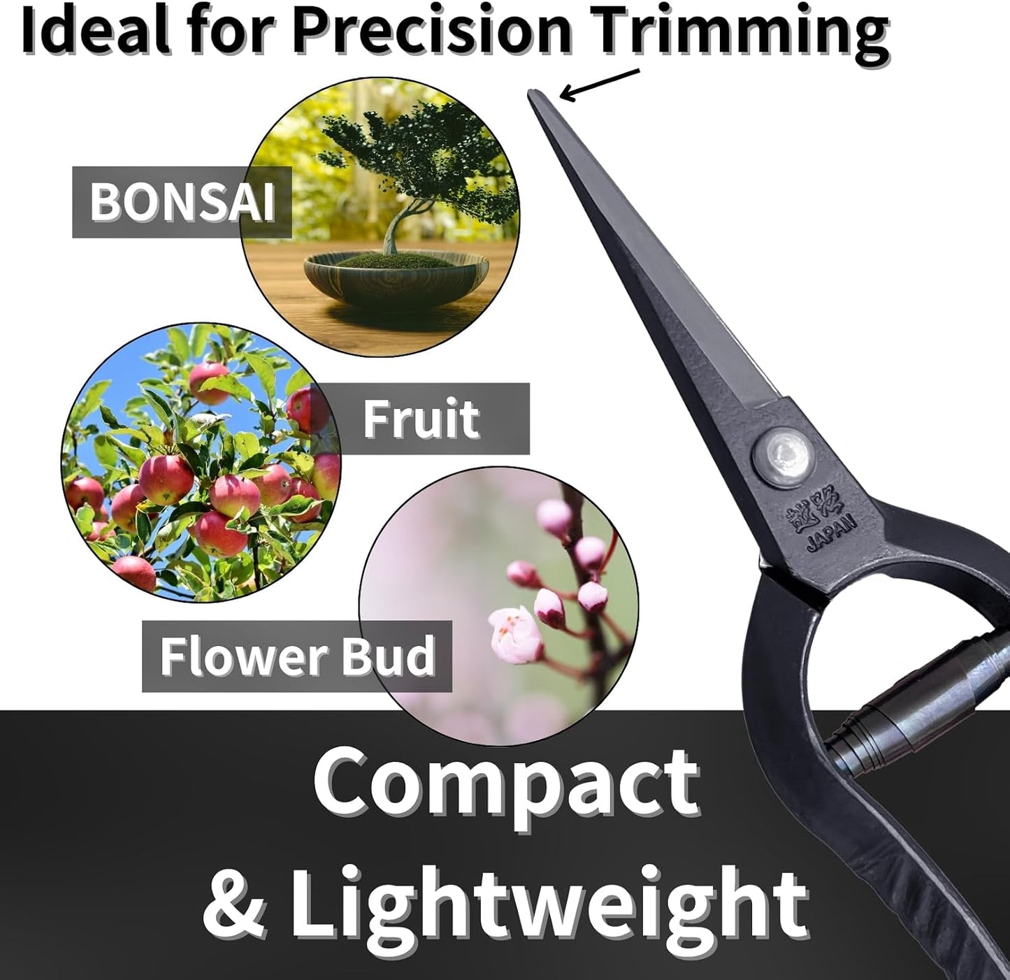 Bonsai Trimming Scissors 6.8" Made in JAPAN, Garden Plant Trimming Shears, Hand Forged Japanese Carbon Steel Blade, Spring Loaded Handle, Black