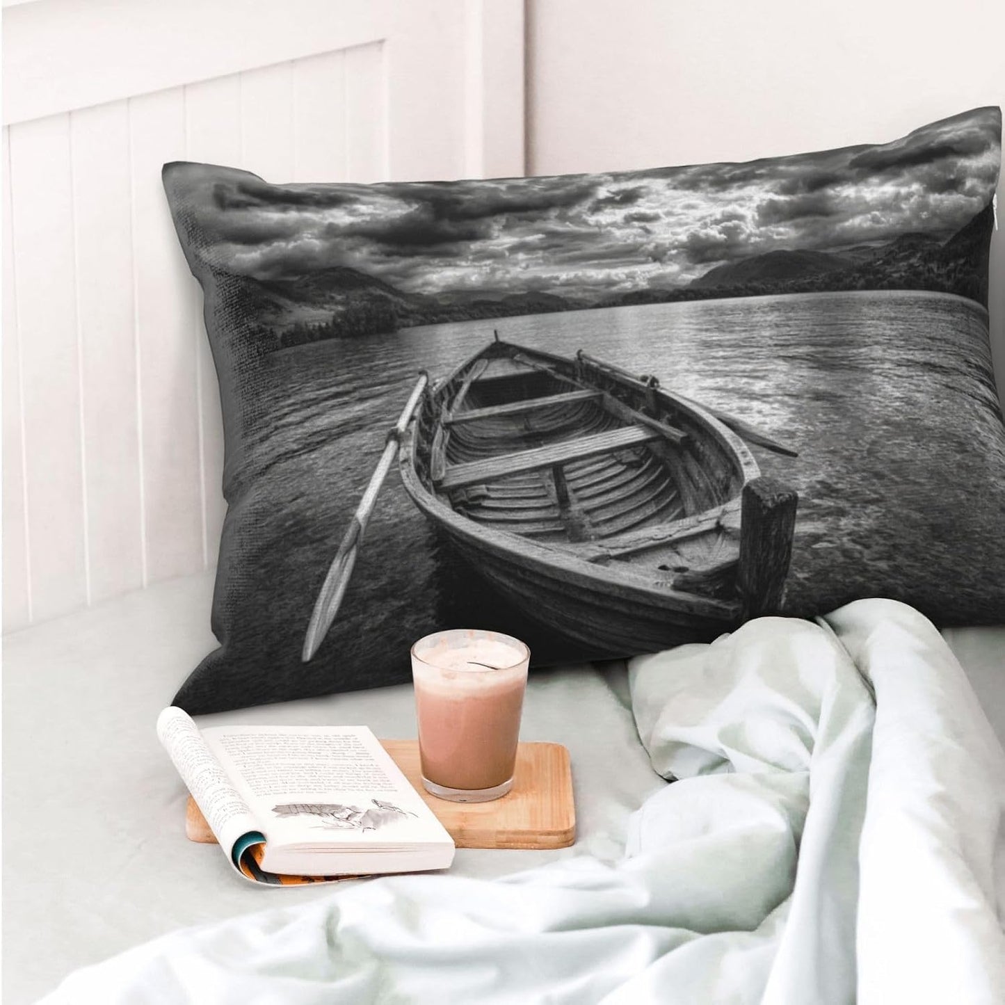Wooden Row Boat Floating in The Water Throw Pillow Covers 14"X20" Pillowcase Lumbar Decorative Cushion Case for Couch Bed Sofa Farmhouse Decor