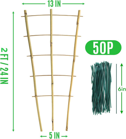 6 Pack Bamboo Trellis 24 Inches for Climbing Plants, Fan-Shaped Bamboo Plant Trellis Cucumber Tomato Trellis with 50pcs Twist Ties for Outdoor and Indoor Potted Plants