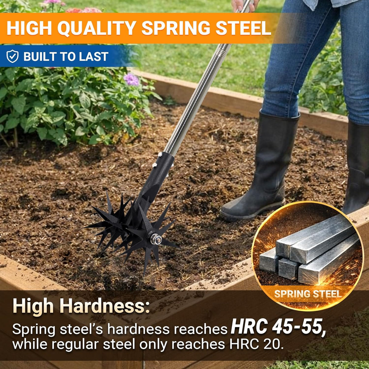 66in Rotary Cultivator Garden Tool with Tempered Spring Steel Tines