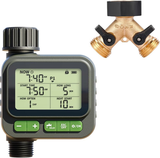 Sprinkler Timer System w/Brass Splitter|Programmable Water Timer for Garden Hose, Outdoor Soaker Hose Timed with Rain Delay/Manual/Automatic Watering System, Digital Irrigation for Yard, Lawn