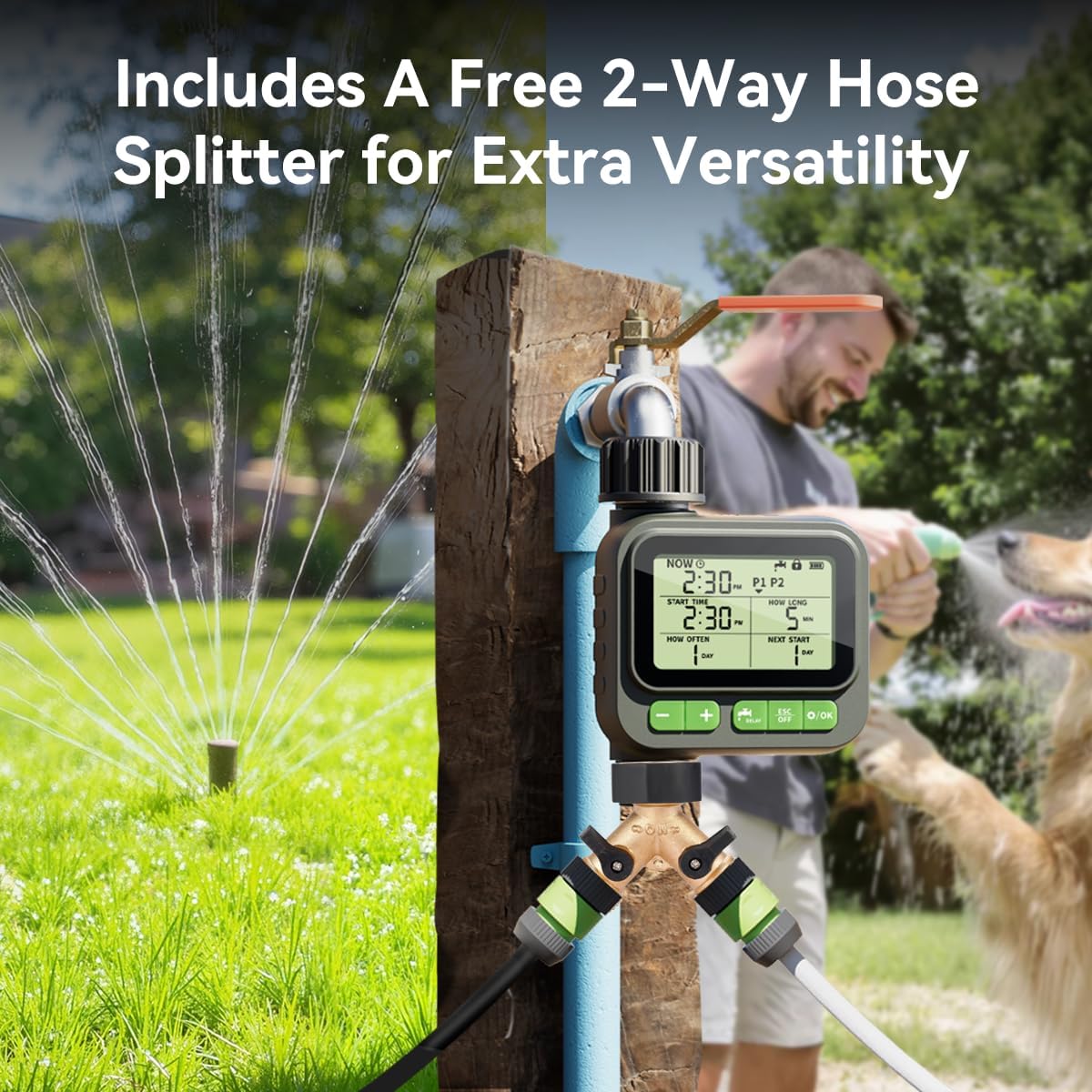 Sprinkler Timer System w/Brass Splitter|Programmable Water Timer for Garden Hose, Outdoor Soaker Hose Timed with Rain Delay/Manual/Automatic Watering System, Digital Irrigation for Yard, Lawn
