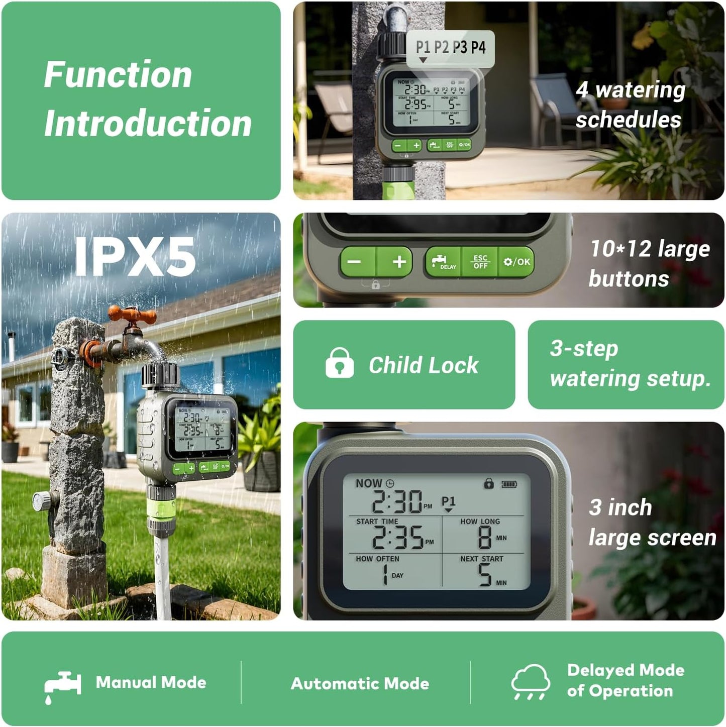 Sprinkler Timer System w/Brass Splitter|Programmable Water Timer for Garden Hose, Outdoor Soaker Hose Timed with Rain Delay/Manual/Automatic Watering System, Digital Irrigation for Yard, Lawn