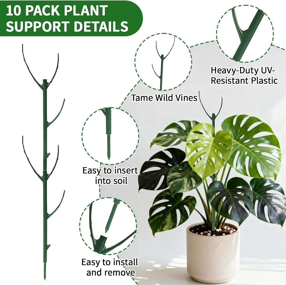 30Pcs Stackable Plant Support Stakes, Plant Stakes for Monstera Plant Stem Supports for Indoor Plants, Includes Garden Wire, Ties & Cutter for Pothos, Money Plant, Vines, Outdoors