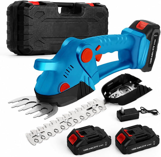 Electric Cordless Hedge Trimmer, 21V Rechargeable Shrub Trimmer Grass Shears, Dual-Blade Handheld Grass Cutter, Hedge Shear with 2 PCS Rechargeable Battery and Charger for Garden/Lawn (Blue)