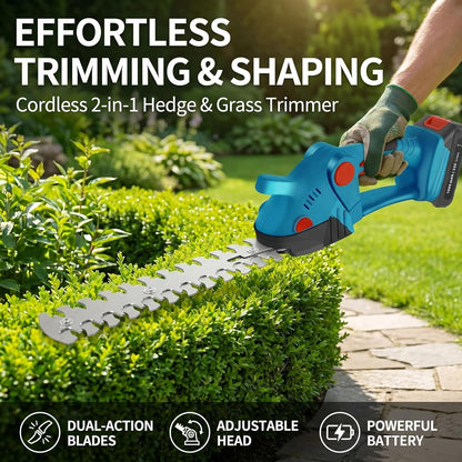Electric Cordless Hedge Trimmer, 21V Rechargeable Shrub Trimmer Grass Shears, Dual-Blade Handheld Grass Cutter, Hedge Shear with 2 PCS Rechargeable Battery and Charger for Garden/Lawn (Blue)