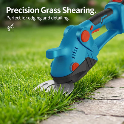 Electric Cordless Hedge Trimmer, 21V Rechargeable Shrub Trimmer Grass Shears, Dual-Blade Handheld Grass Cutter, Hedge Shear with 2 PCS Rechargeable Battery and Charger for Garden/Lawn (Blue)