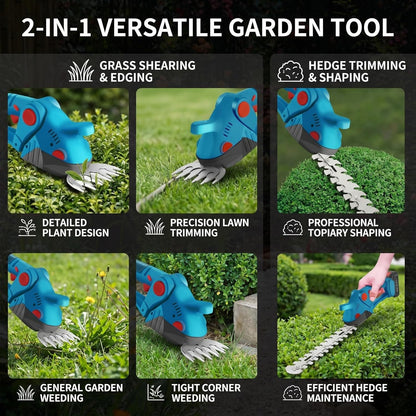 Electric Cordless Hedge Trimmer, 21V Rechargeable Shrub Trimmer Grass Shears, Dual-Blade Handheld Grass Cutter, Hedge Shear with 2 PCS Rechargeable Battery and Charger for Garden/Lawn (Blue)