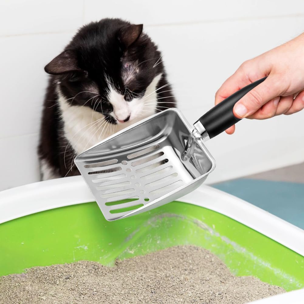 Cat Litter Scoop - Stainless Steel Metal Cat Litter Scoop-Kitty Metal Scooper-Sturdy Mesh Scooper - Mesh Shovel-Easy to Clean - Suitable for Cat Litter Box - Light Black
