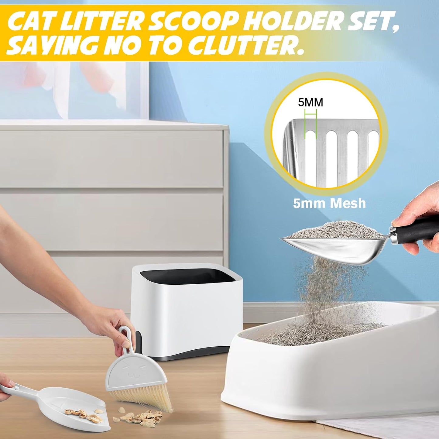 Cat Litter Scoop - Stainless Steel Metal Cat Litter Scoop-Kitty Metal Scooper-Sturdy Mesh Scooper - Mesh Shovel-Easy to Clean - Suitable for Cat Litter Box - Light Black