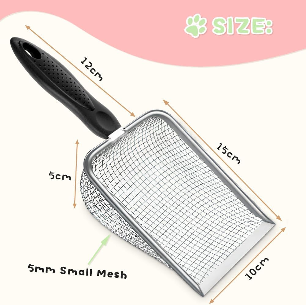 Cat Litter Scoop - Stainless Steel Metal Cat Litter Scoop-Kitty Metal Scooper-Sturdy Mesh Scooper - Mesh Shovel-Easy to Clean - Suitable for Cat Litter Box - Light Black