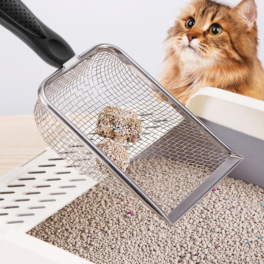Cat Litter Scoop - Stainless Steel Metal Cat Litter Scoop-Kitty Metal Scooper-Sturdy Mesh Scooper - Mesh Shovel-Easy to Clean - Suitable for Cat Litter Box - Light Black