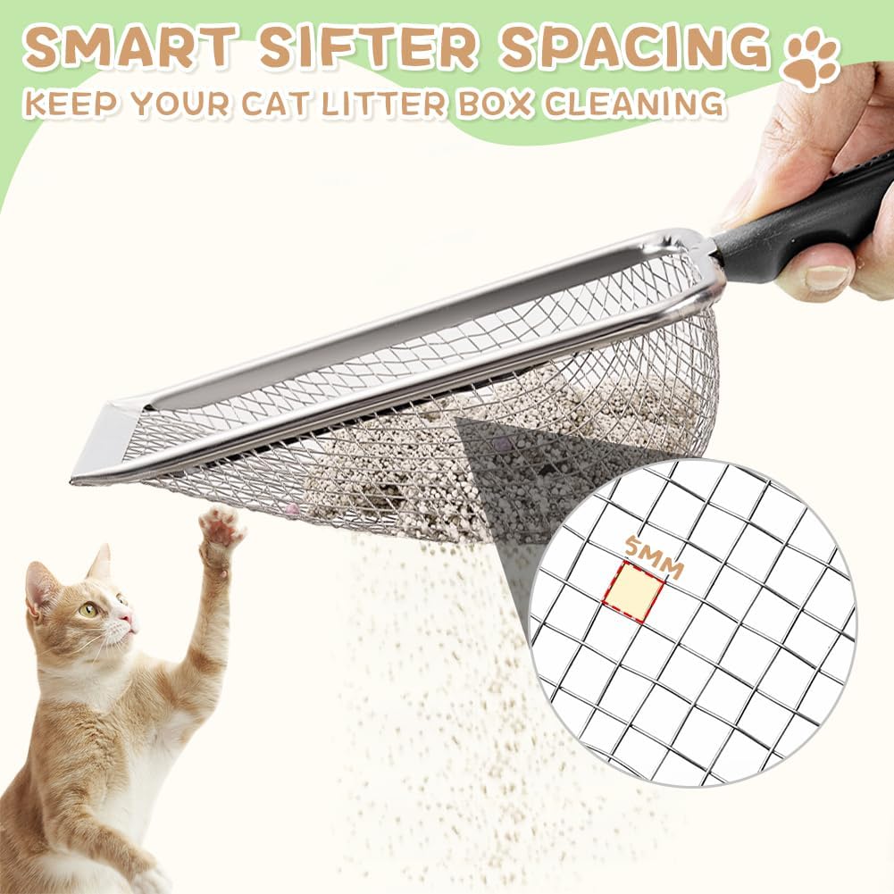 Cat Litter Scoop - Stainless Steel Metal Cat Litter Scoop-Kitty Metal Scooper-Sturdy Mesh Scooper - Mesh Shovel-Easy to Clean - Suitable for Cat Litter Box - Light Black