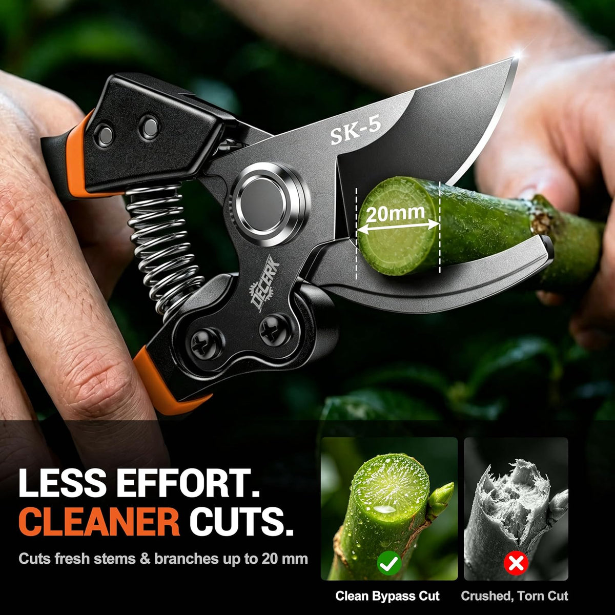 DECERK® Bypass Pruning Shears for Arthritic Hands, 5mm Cushioned Foam Grips