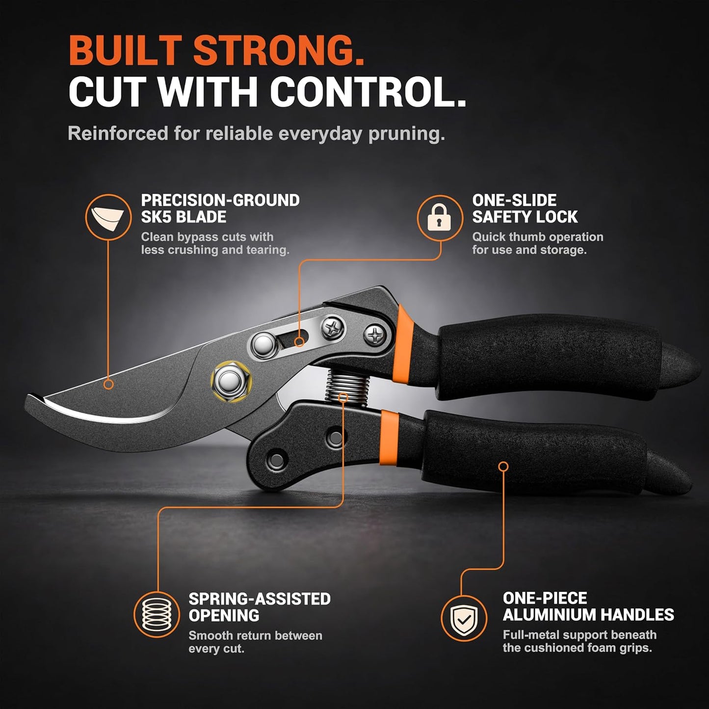 DECERK® Bypass Pruning Shears for Arthritic Hands, 5mm Cushioned Foam Grips