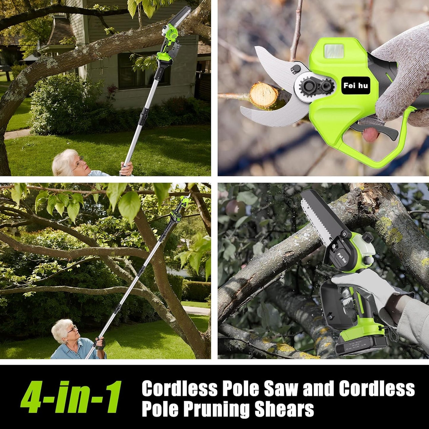 Electric Pole Saws & Pruning Shears for Tree Trimming, 2-in-1 6 Inch Mini Chainsaw Cordless with Extension Pole, 2pcs Batteries, Auto Oiling, 15ft Reach, Tree Trimmer Limb Branch Cutter Pruner