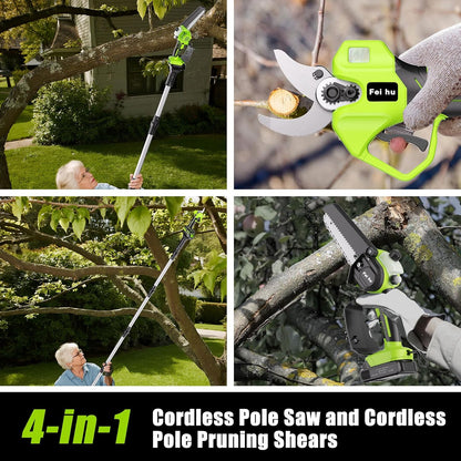 Electric Pole Saws & Pruning Shears for Tree Trimming, 2-in-1 6 Inch Mini Chainsaw Cordless with Extension Pole, 2pcs Batteries, Auto Oiling, 15ft Reach, Tree Trimmer Limb Branch Cutter Pruner