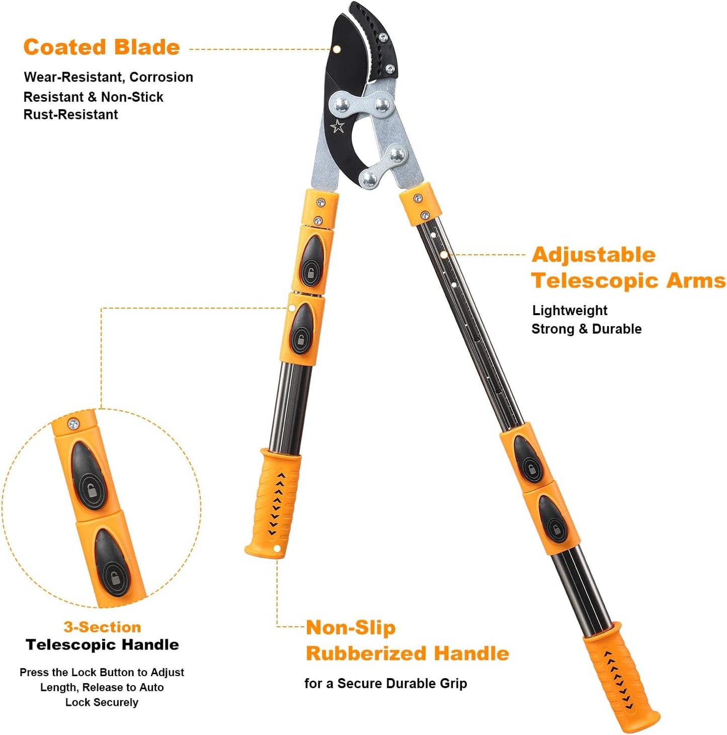 Loppers for tree trimming heavy duty extendable 24.8-43.7 inches,Tree pruning shears Rust Resistant Sharp Steel Blade Tree Limb Trimmer，Shock-Absorbing design, Non-slip Handle，Garden Tools