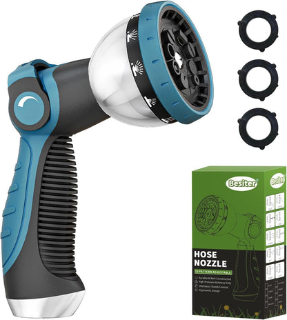 Garden Hose Nozzle, Hose Sprayer Nozzle with 10 Spray Patterns, Thumb Control On Off Valve, High Pressure Metal Water Hose Nozzle for Car Wash, Plants, Pets & Outdoor Cleaning, Blue