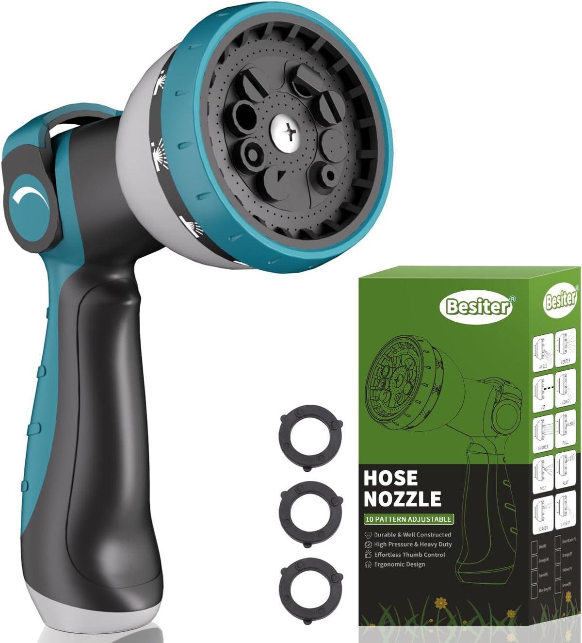 Garden Hose Nozzle, Hose Sprayer Nozzle with 10 Spray Patterns, Thumb Control On Off Valve, High Pressure Metal Water Hose Nozzle for Car Wash, Plants, Pets & Outdoor Cleaning, Blue