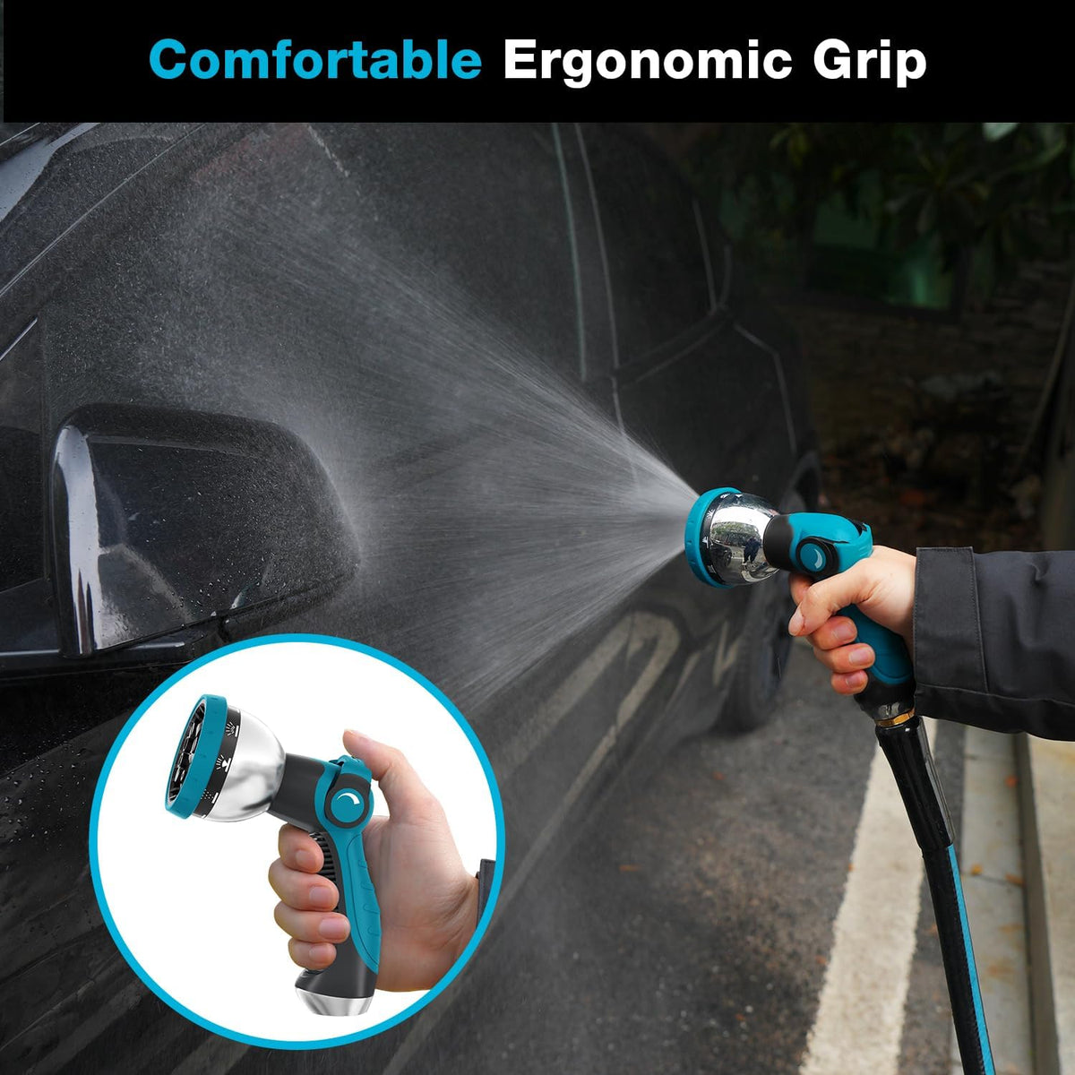 Garden Hose Nozzle, Hose Sprayer Nozzle with 10 Spray Patterns, Thumb Control On Off Valve, High Pressure Metal Water Hose Nozzle for Car Wash, Plants, Pets & Outdoor Cleaning, Blue