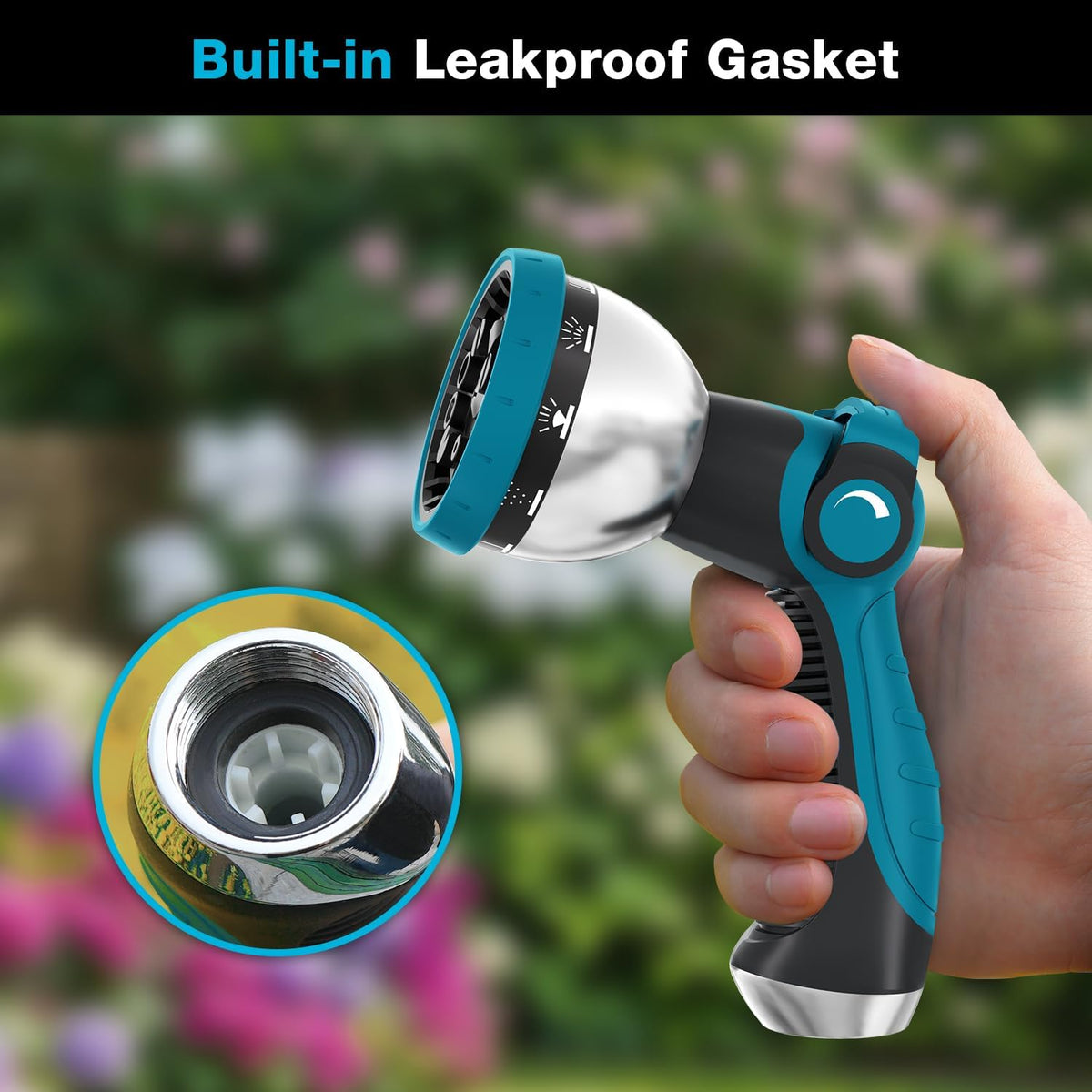 Garden Hose Nozzle, Hose Sprayer Nozzle with 10 Spray Patterns, Thumb Control On Off Valve, High Pressure Metal Water Hose Nozzle for Car Wash, Plants, Pets & Outdoor Cleaning, Blue