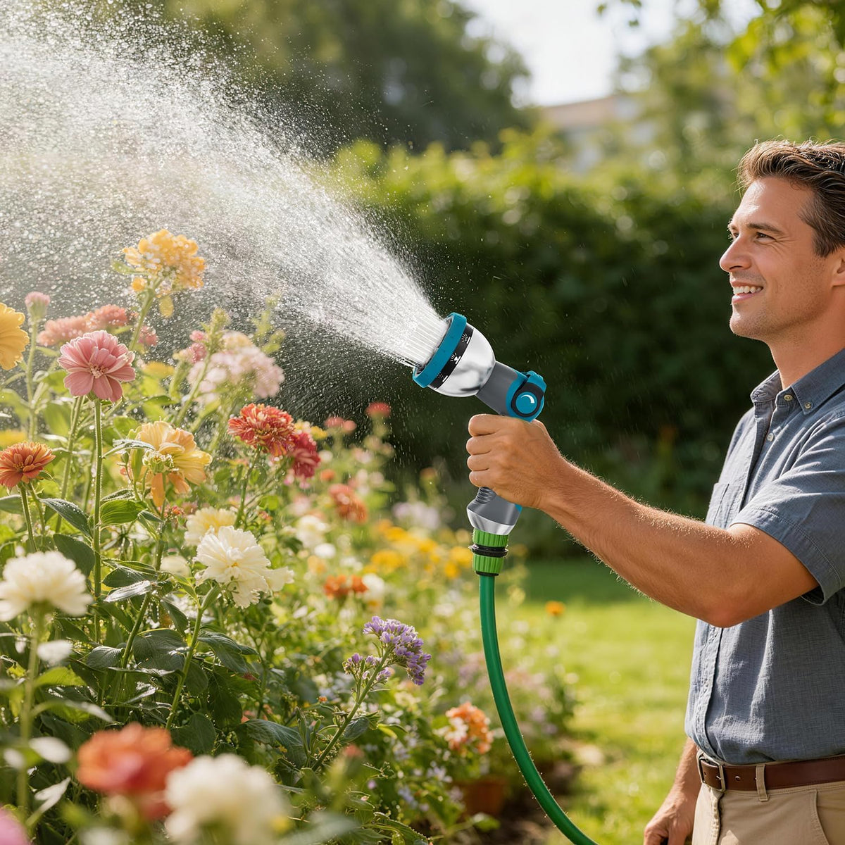 Garden Hose Nozzle, Hose Sprayer Nozzle with 10 Spray Patterns, Thumb Control On Off Valve, High Pressure Metal Water Hose Nozzle for Car Wash, Plants, Pets & Outdoor Cleaning, Blue