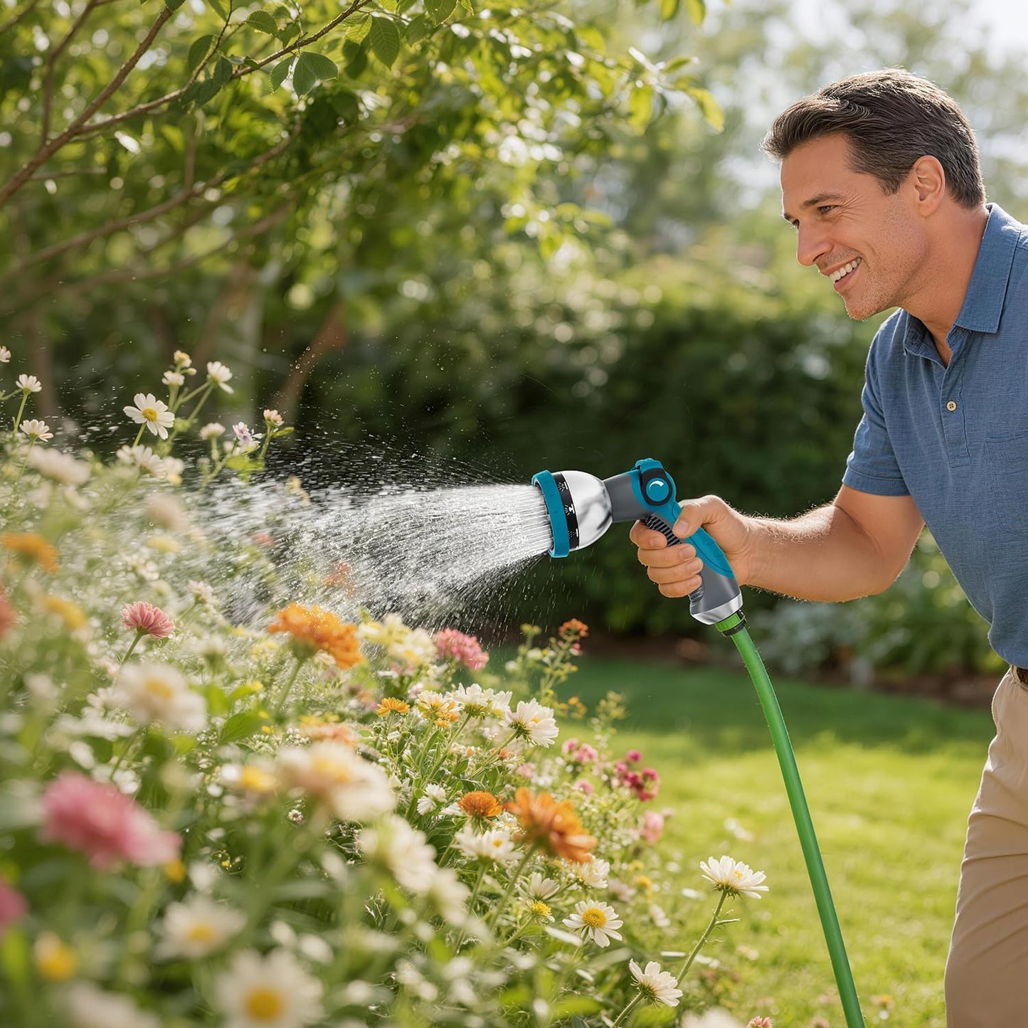 Garden Hose Nozzle, Hose Sprayer Nozzle with 10 Spray Patterns, Thumb Control On Off Valve, High Pressure Metal Water Hose Nozzle for Car Wash, Plants, Pets & Outdoor Cleaning, Blue