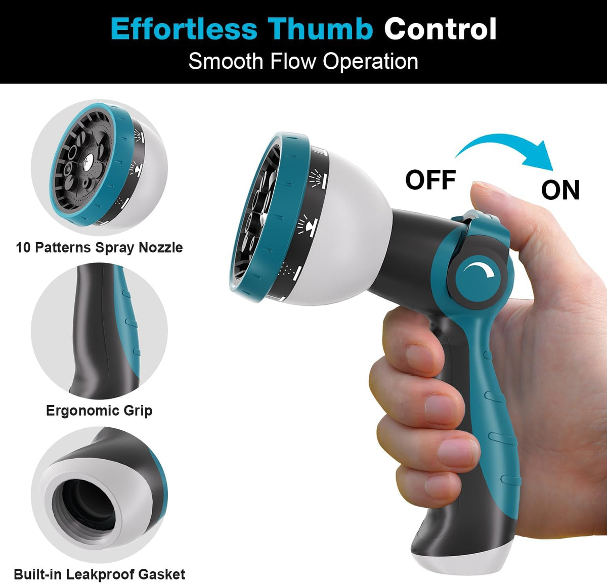 Garden Hose Nozzle, Hose Sprayer Nozzle with 10 Spray Patterns, Thumb Control On Off Valve, High Pressure Metal Water Hose Nozzle for Car Wash, Plants, Pets & Outdoor Cleaning, Blue