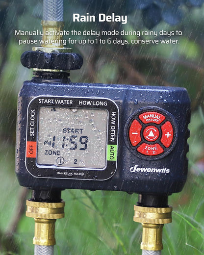 2-Zone Hose Timer with Rain Delay, Manual & Auto Watering