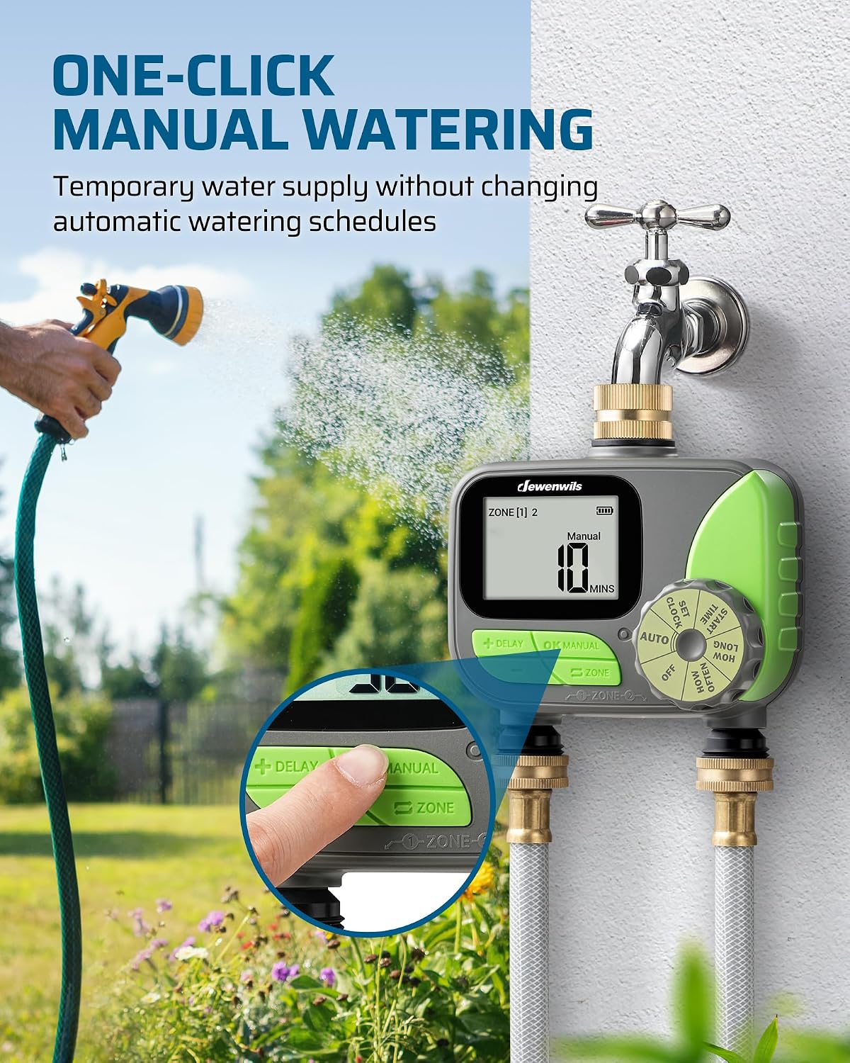 2-Zone Hose Timer with Rain Delay, Manual & Auto Watering