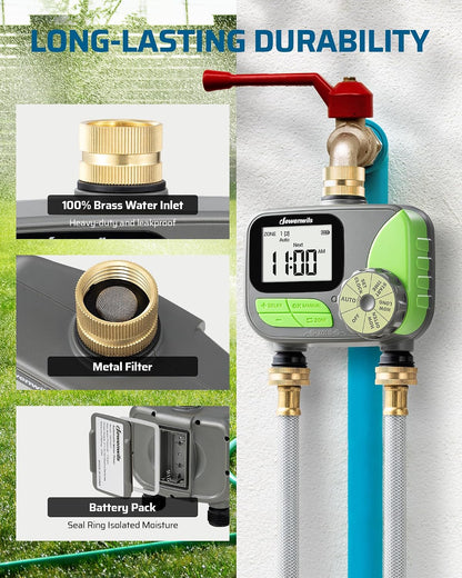 2-Zone Hose Timer with Rain Delay, Manual & Auto Watering