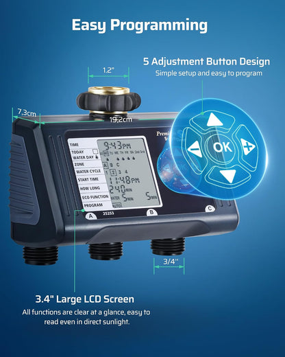 2-Zone Hose Timer with Rain Delay, Manual & Auto Watering