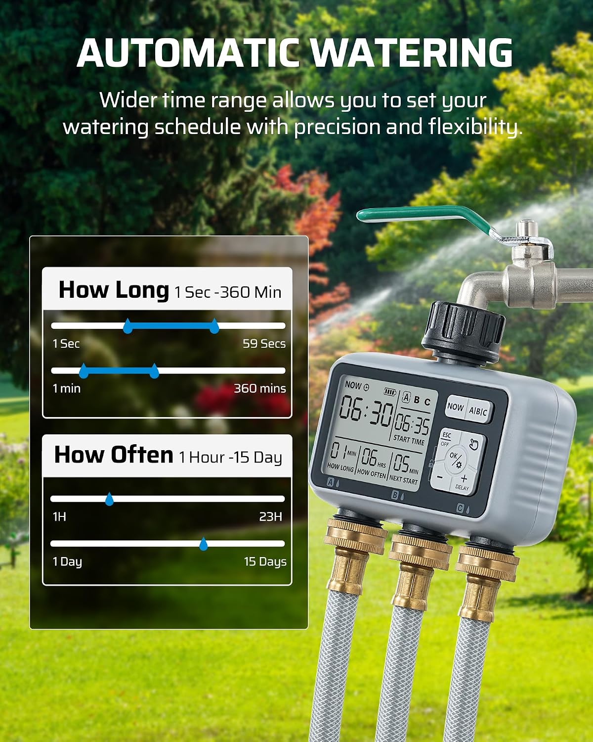 2-Zone Hose Timer with Rain Delay, Manual & Auto Watering