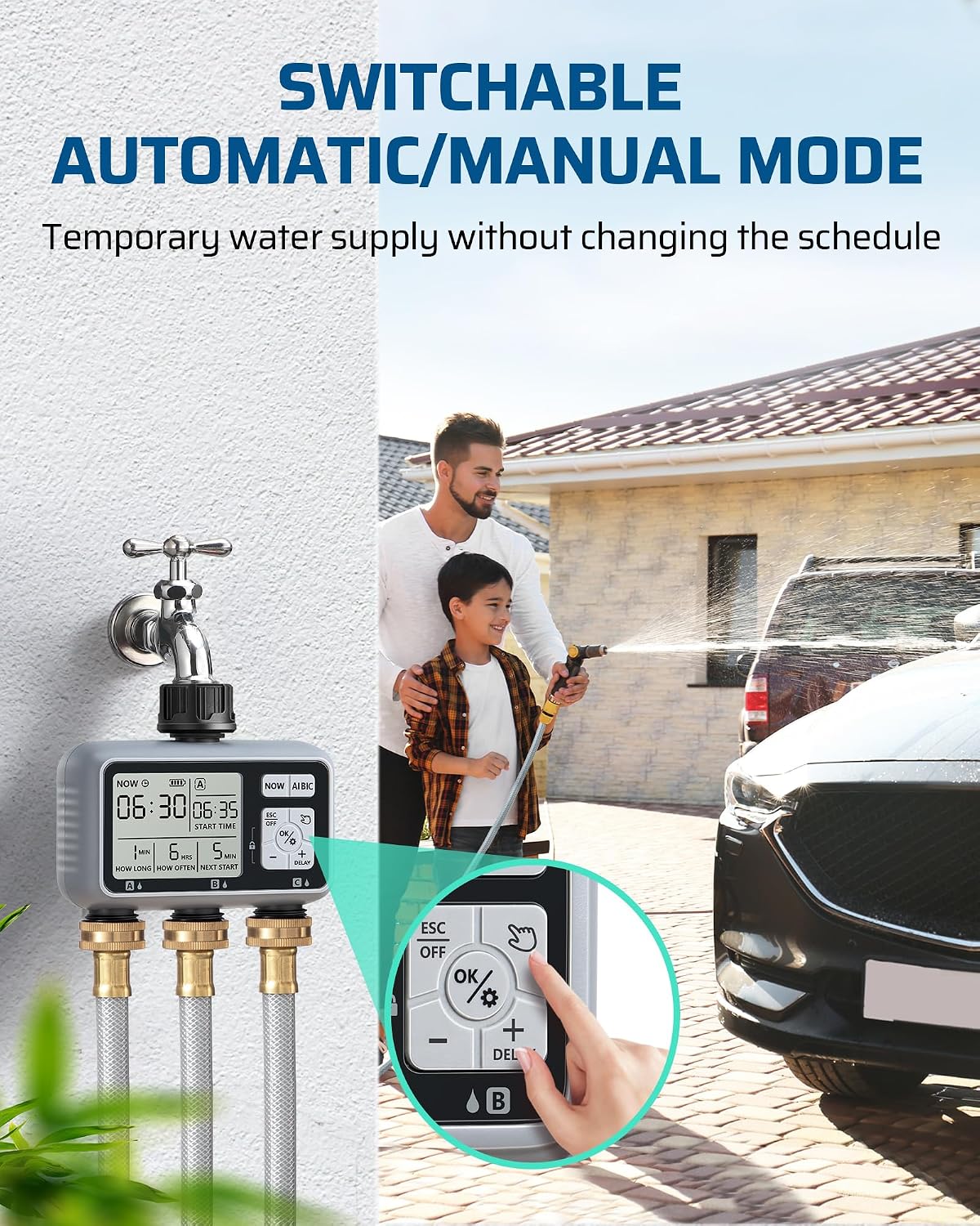 2-Zone Hose Timer with Rain Delay, Manual & Auto Watering