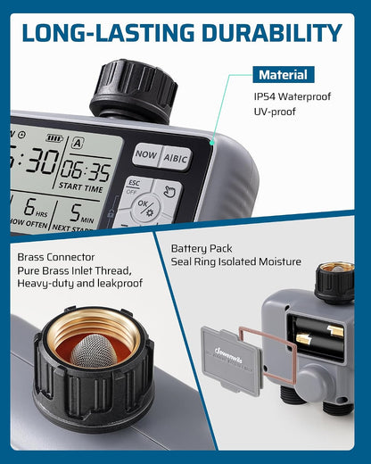 2-Zone Hose Timer with Rain Delay, Manual & Auto Watering