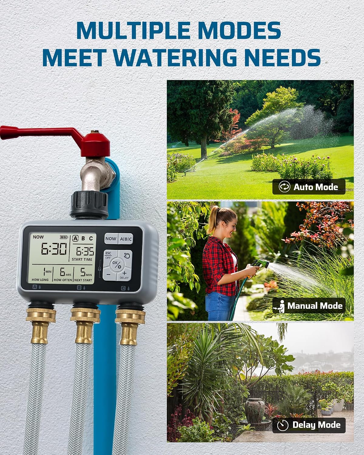 2-Zone Hose Timer with Rain Delay, Manual & Auto Watering