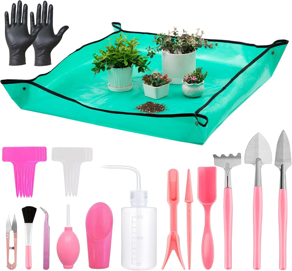 25Pcs Mini Garden Hand Transplanting Succulent Tools Set, 39.4" Thickened Repotting Mat & Plant Tag, Miniature Planting Indoor Fairy Care, Potting, Cactus, Houseplant Bonsai Tool Kit (Black)