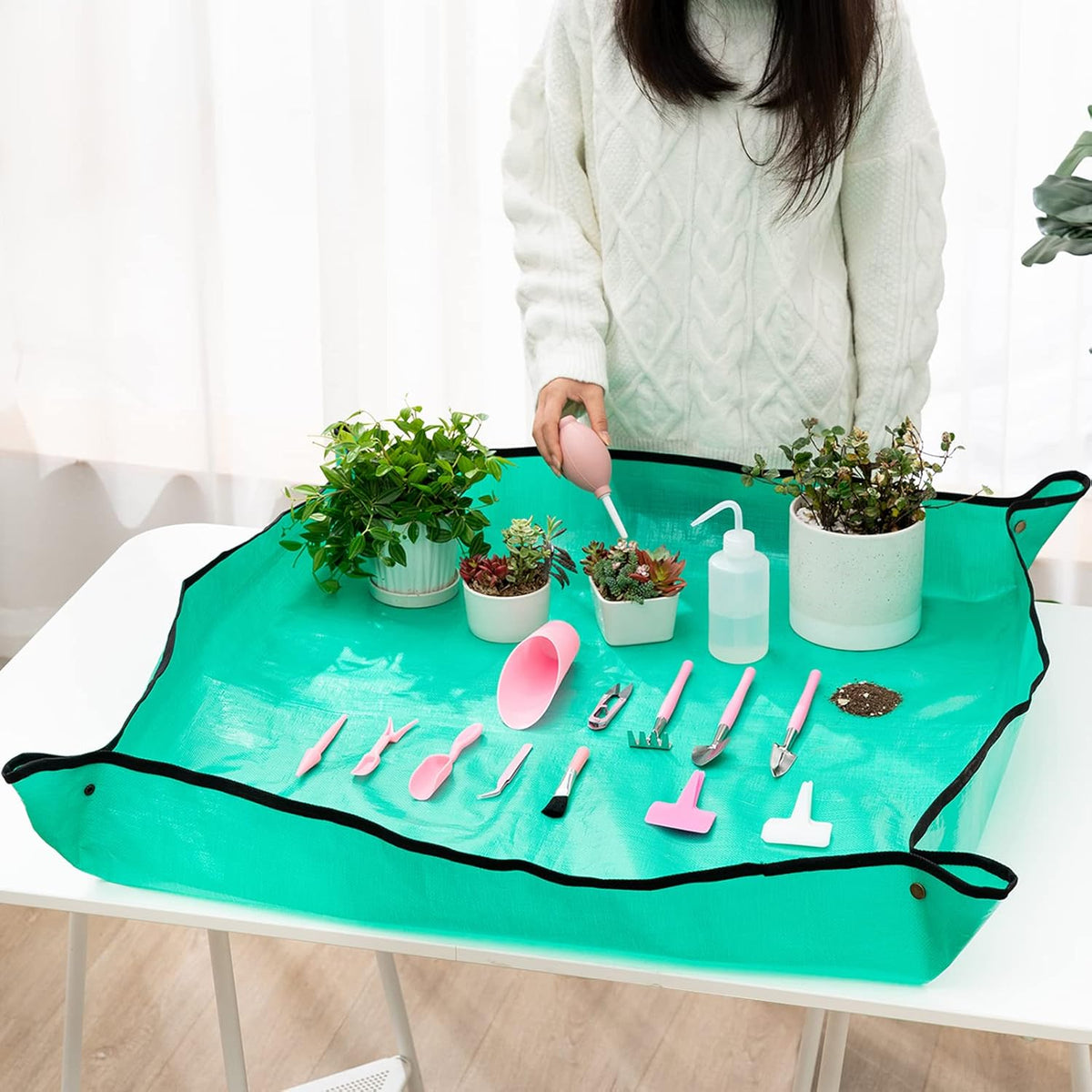 25Pcs Mini Garden Hand Transplanting Succulent Tools Set, 39.4" Thickened Repotting Mat & Plant Tag, Miniature Planting Indoor Fairy Care, Potting, Cactus, Houseplant Bonsai Tool Kit (Black)