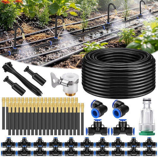 150 Pcs 98 ft 3/8" Greenhouse Drip Irrigation Kit with 40 Brass 360° Adjustable Nozzles and Faucet Adapter Install Adapters for Plants Lawns Gardens